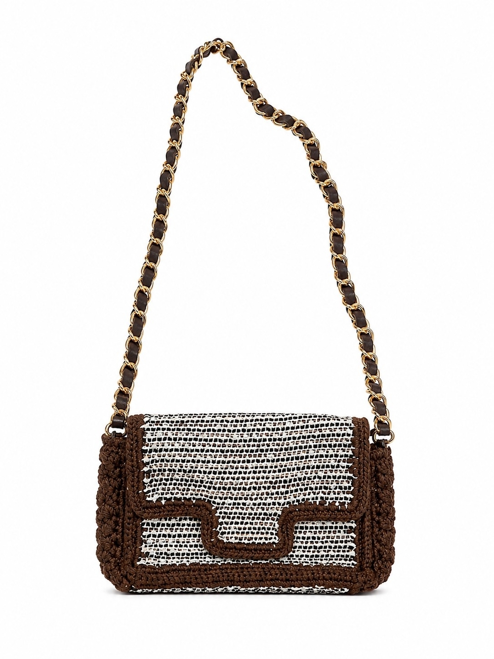 Crochet Chain-Trim Shoulder Bag in Brown and White